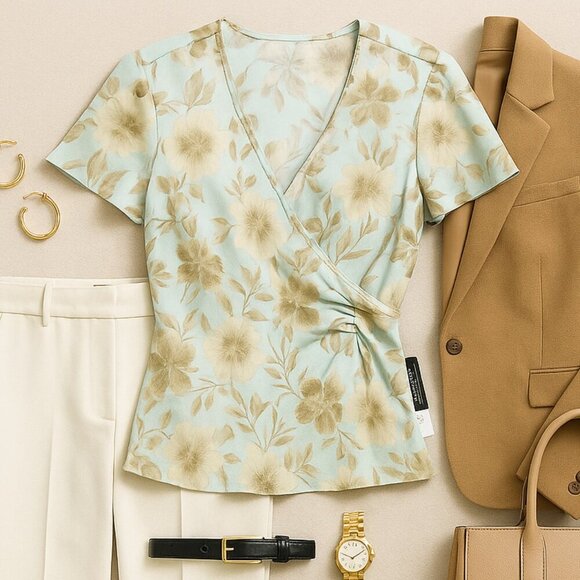 Josephine Chaus Tops - 100% Silk Floral Wrap Blouse NWT Sz 10 Josephine Chaus V-Neck Flutter Sleeve